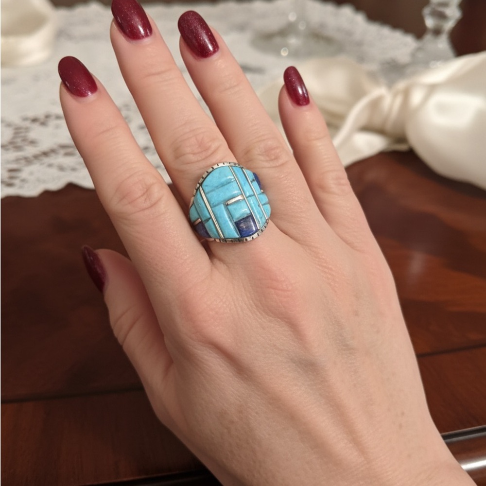 Turquoise & Lapis Inlay Statement Ring sterling Silver setting native design‎ - Picture 4 of 7